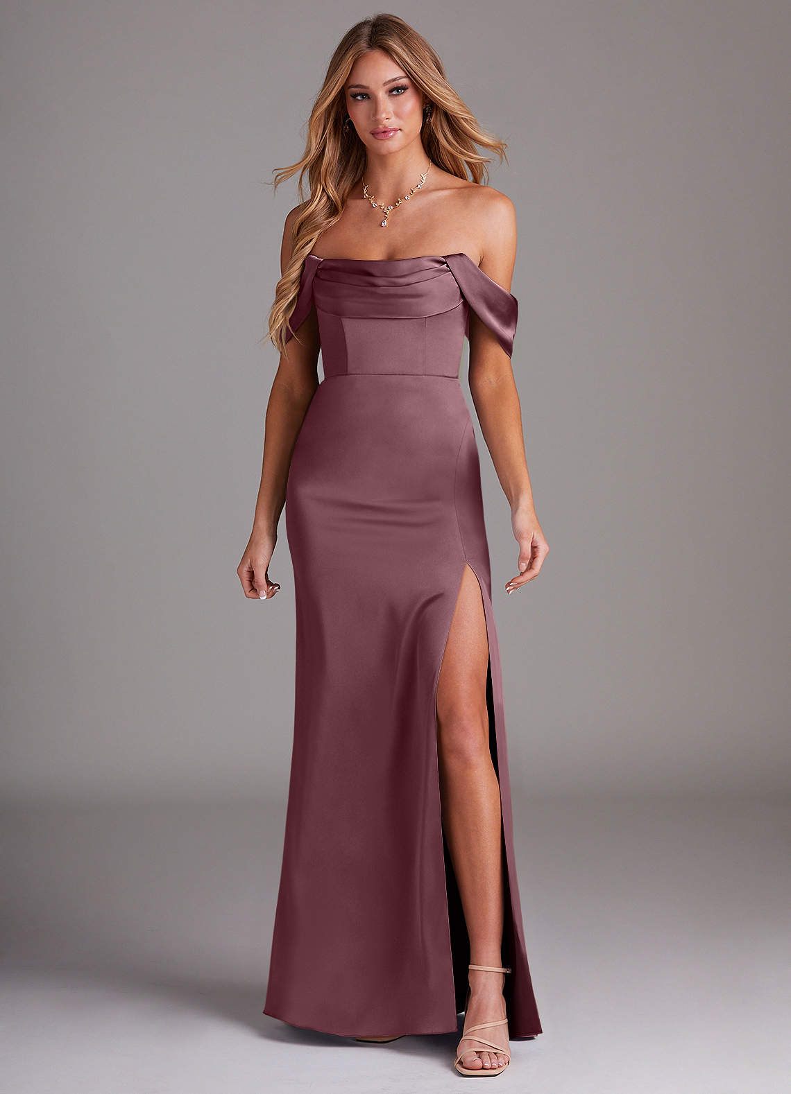Azazie Saige At-home Try On Dresses Amethyst Sheath Off the Shoulder Stretch Satin Dress image2
