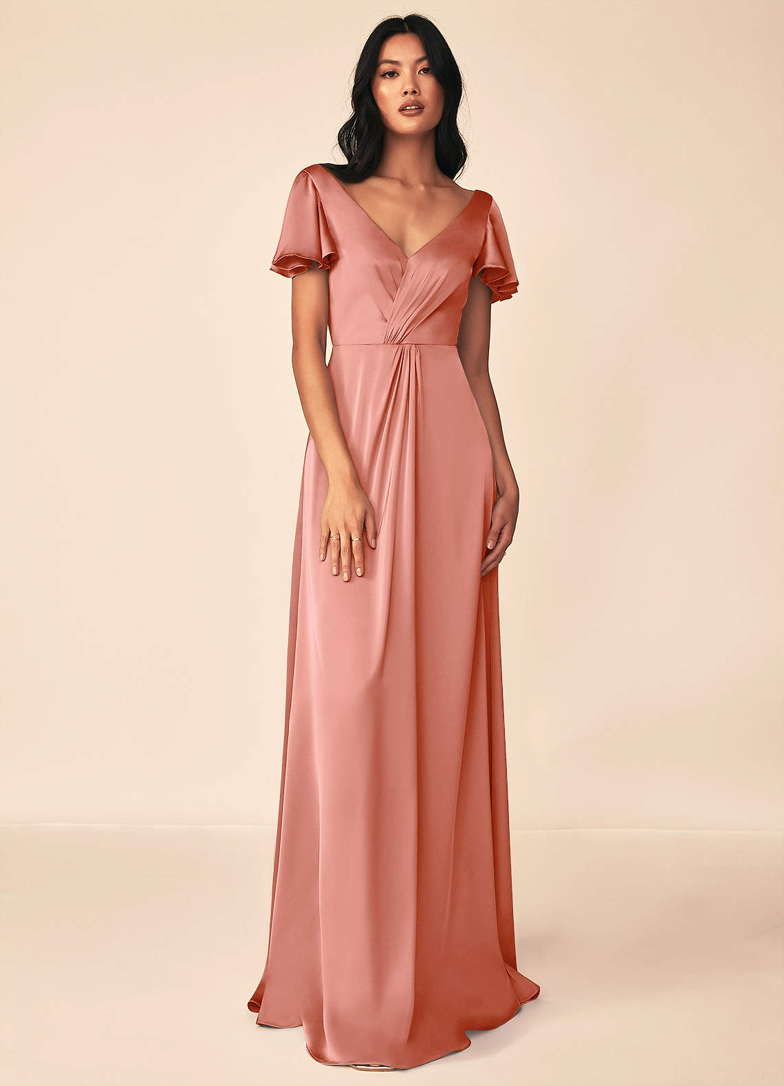 Azazie Soren Brautjungfernkleider A-Linie Plissee Stretch-Satin Kleid Koralle image1