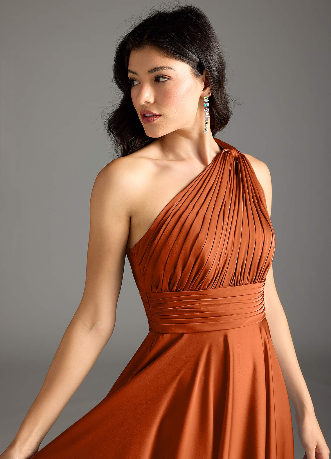 Azazie Charlize Bridesmaid Dresses Burnt Orange A-Line One Shoulder Stretch Satin Dress image6