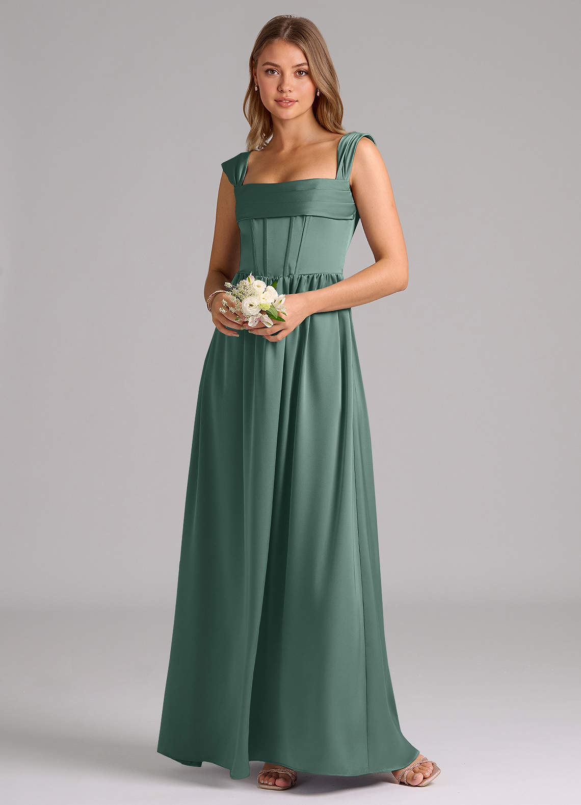 Azazie Hattie Bridesmaid Dresses Eucalyptus A-Line Corset Stretch Satin Dress image1