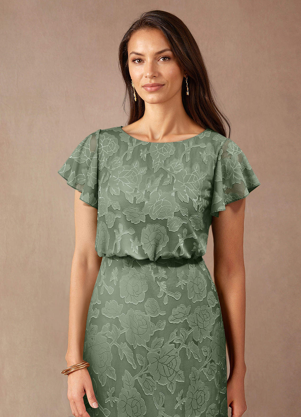 Azazie Lehi vestidos de madre de la novia Vestido de Matcha de Devorado Floral de Corte En A con Cuello de barco image4
