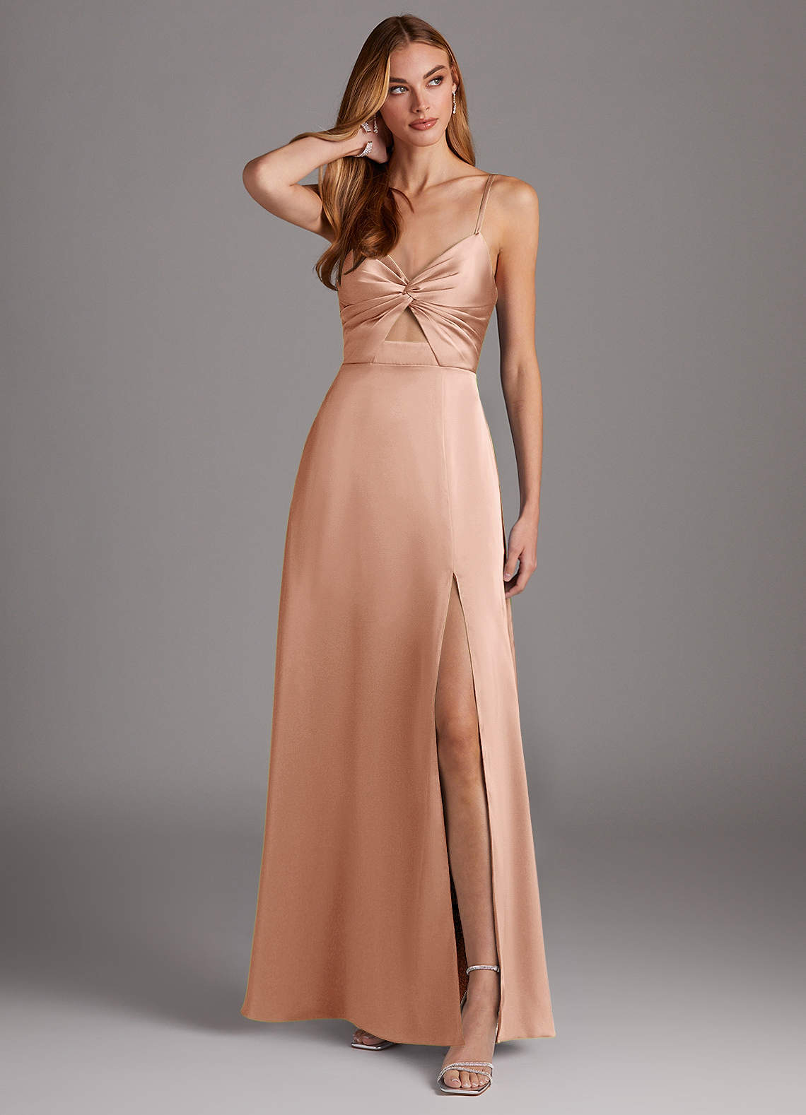 Azazie Jenna Bridesmaid Dresses Rose Gold A-Line Pleated Stretch Satin Dress image1
