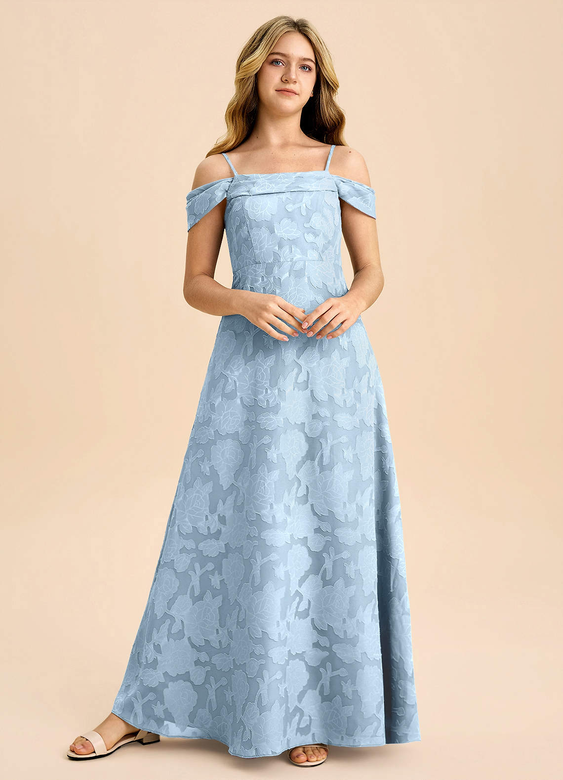 Azazie Anselie Junior Sky Blue A-Line Off the Shoulder Floral Burnout Dress image3