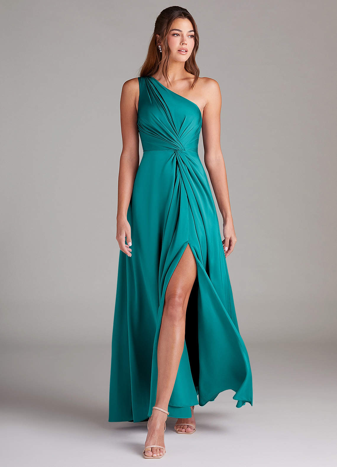 Azazie Brooke Bridesmaid Dresses Teal A-Line One Shoulder Stretch Satin Dress image2