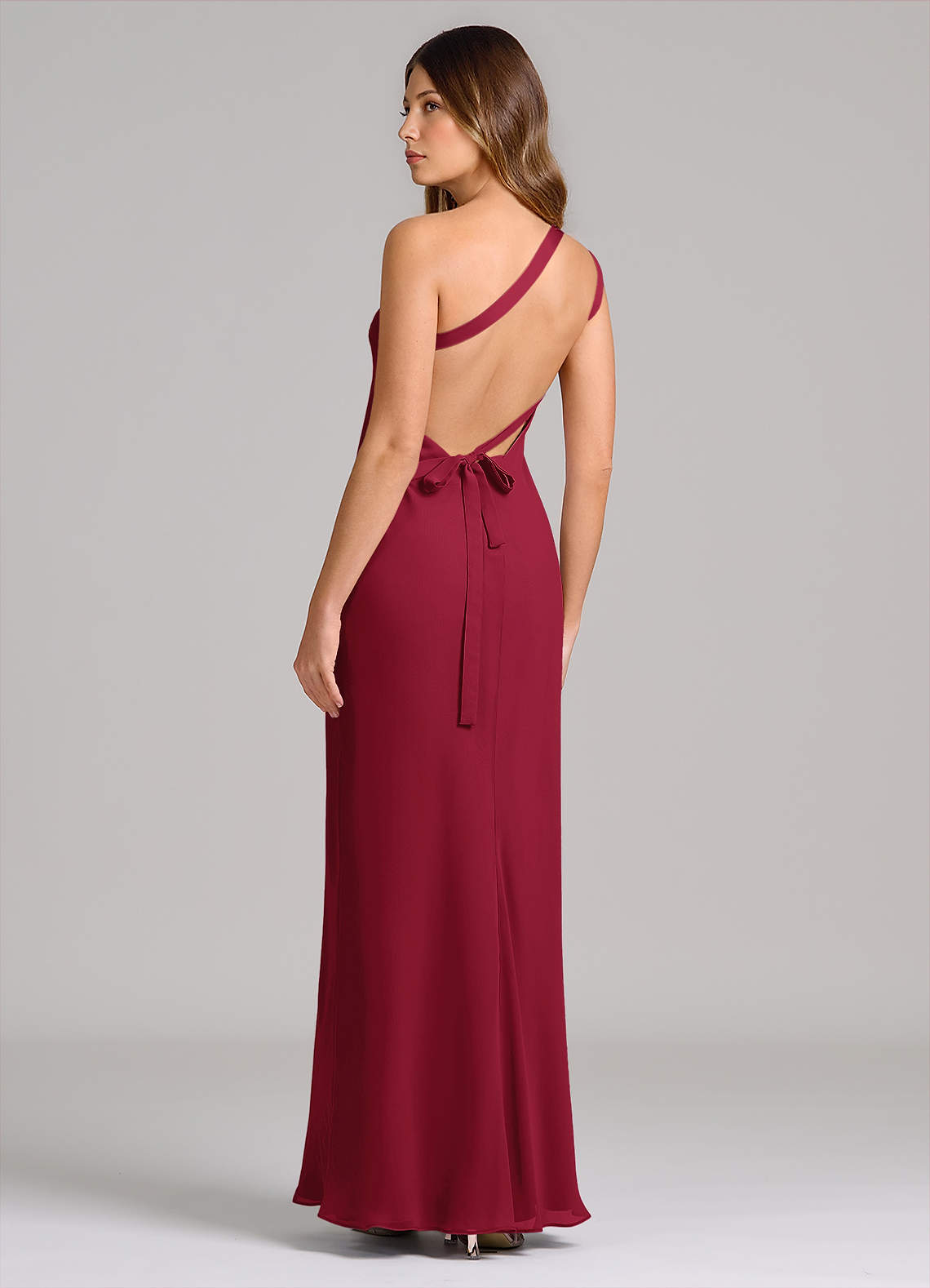 red one shoulder chiffon dress Azazie Monroe