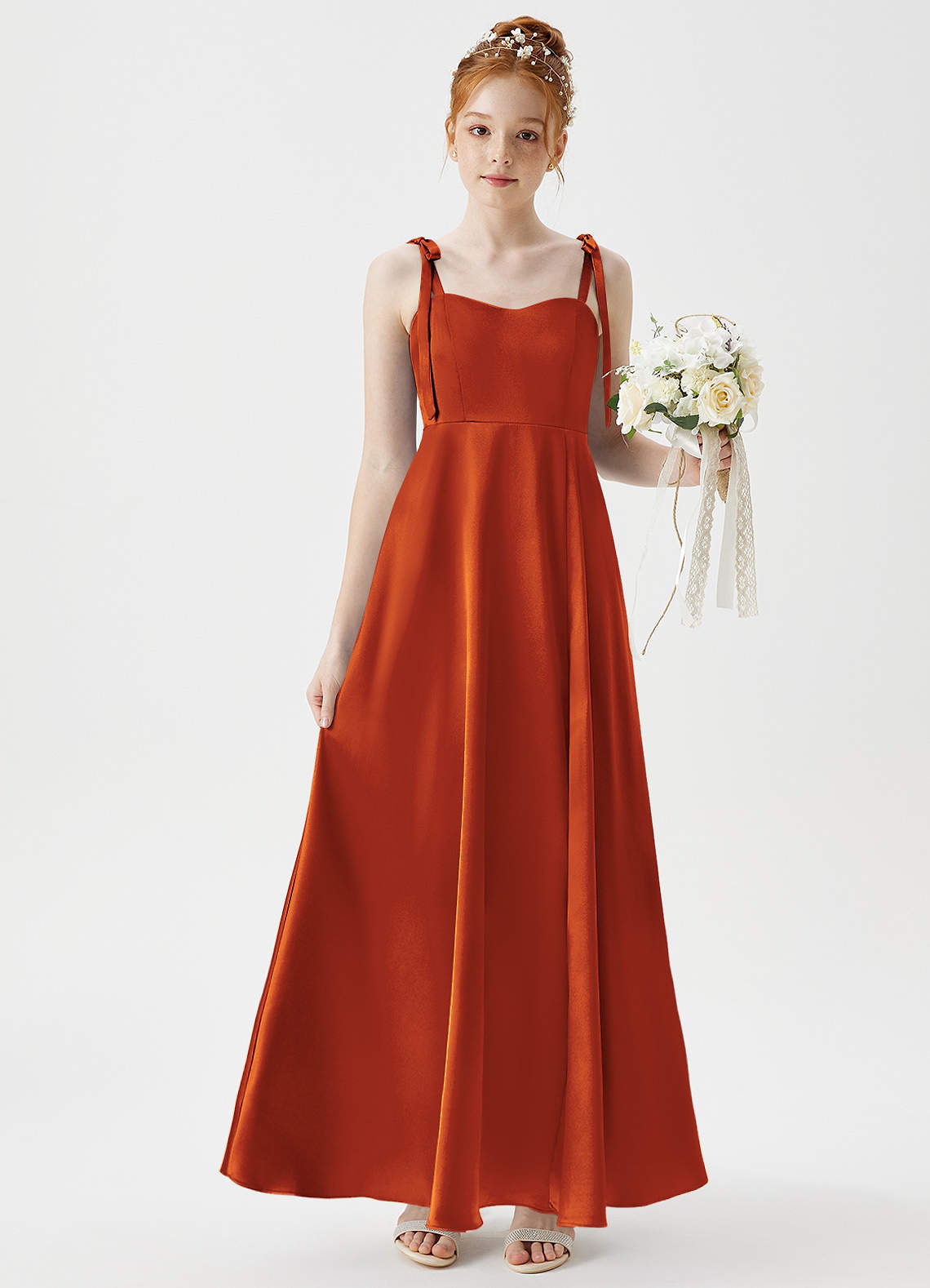 Azazie Rosey Junior A-Linie Herzausschnitt Metallischer Satin Kleid Paprika image1