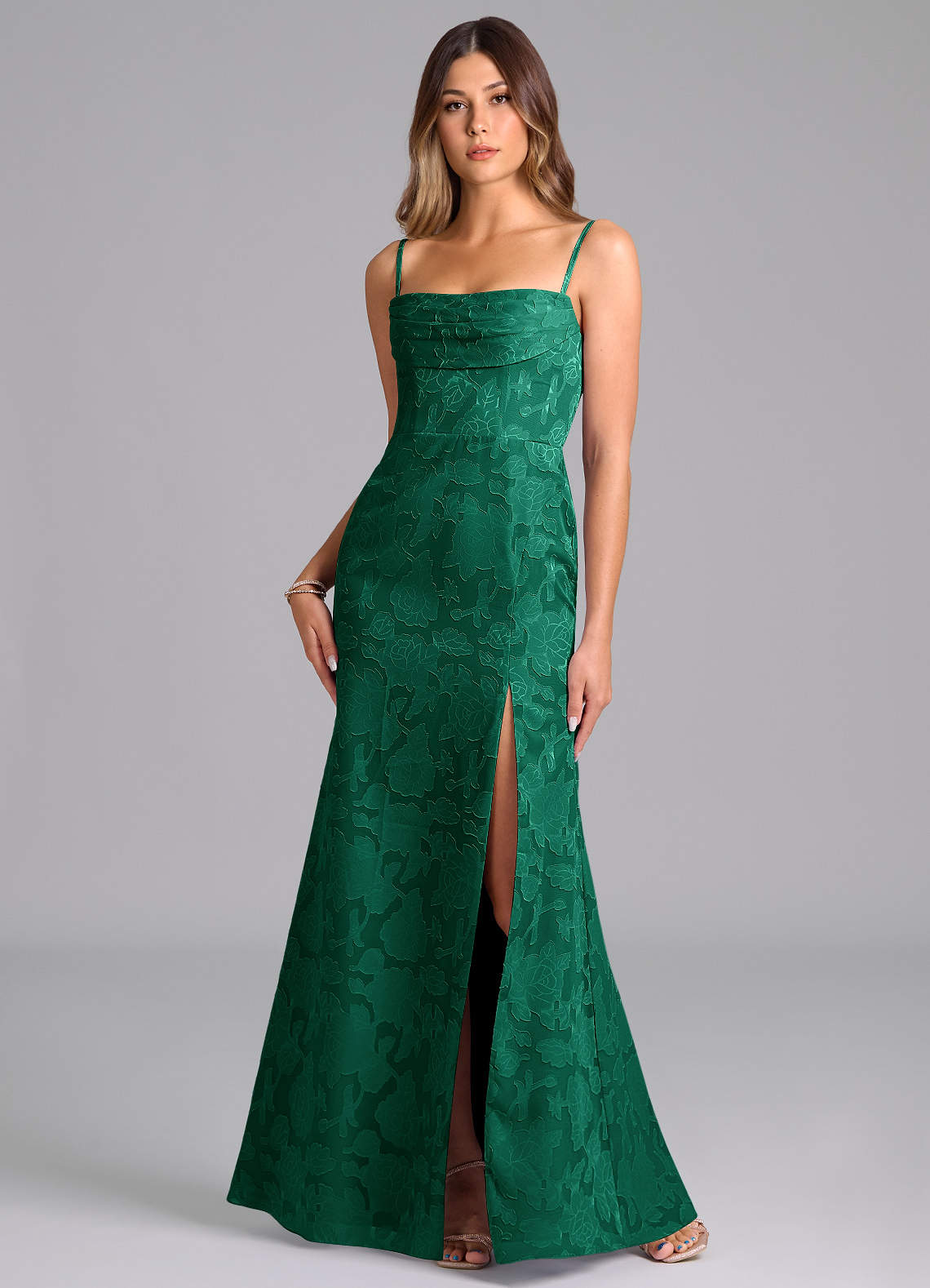 Azazie Saige Bridesmaid Dresses Emerald A-Line Off the Shoulder Floral Burnout Convertible Dress image2