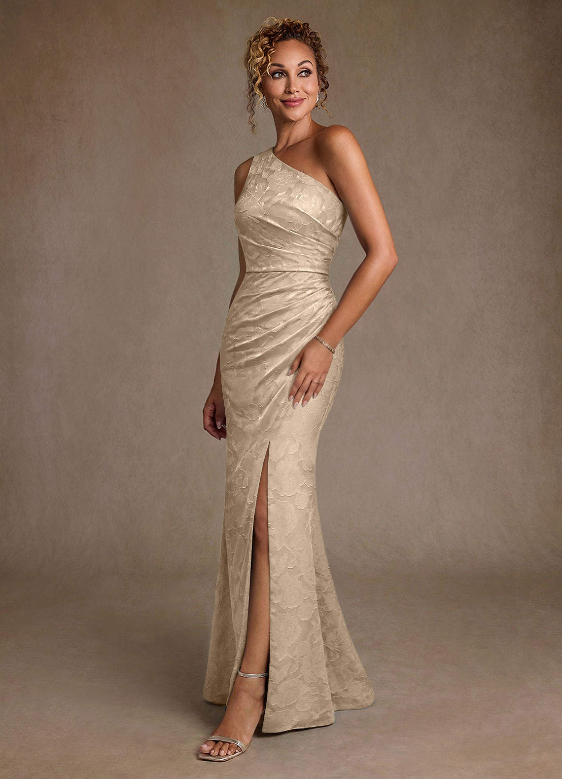 Azazie Joylin Mother of the Bride Dresses Champagne Trumpet One Shoulder Floral Burnout Dress image2