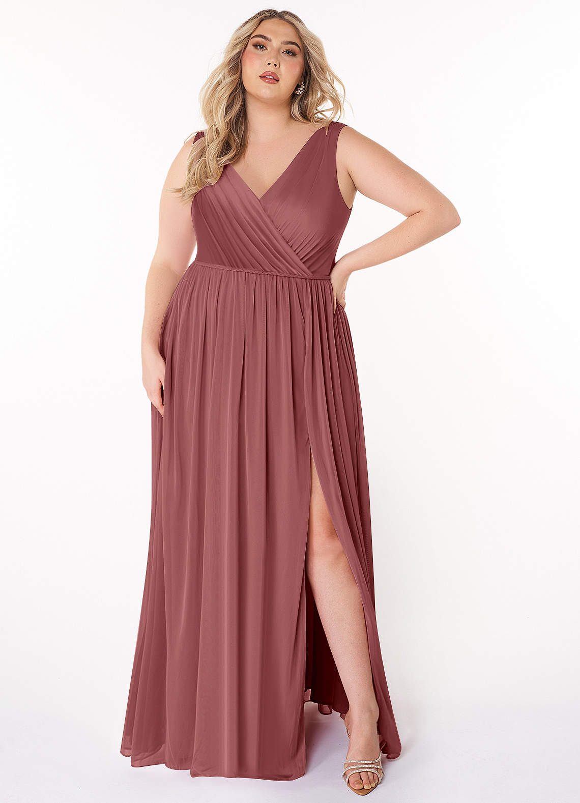 Azazie Tanicia Bridesmaid Dresses Amethyst A-Line V-Neck Pleated Mesh Dress image4
