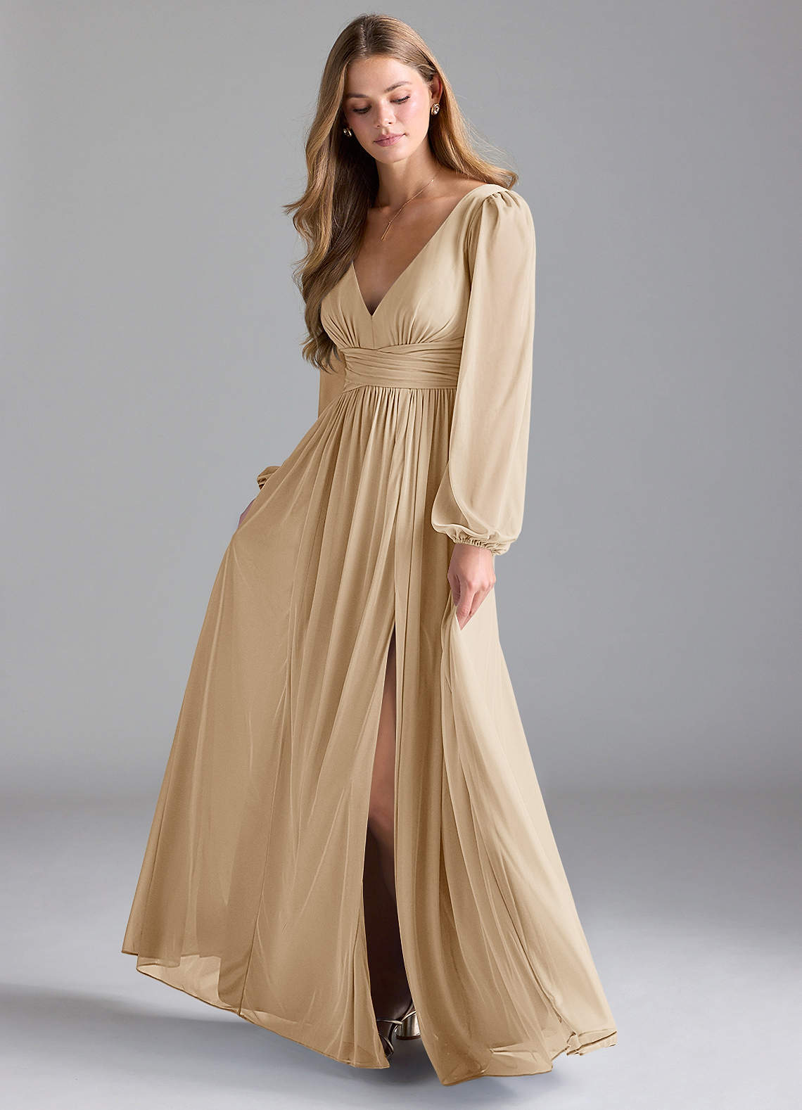 Azazie Norah Bridesmaid Dresses Champagne A-Line Mesh Dress image1