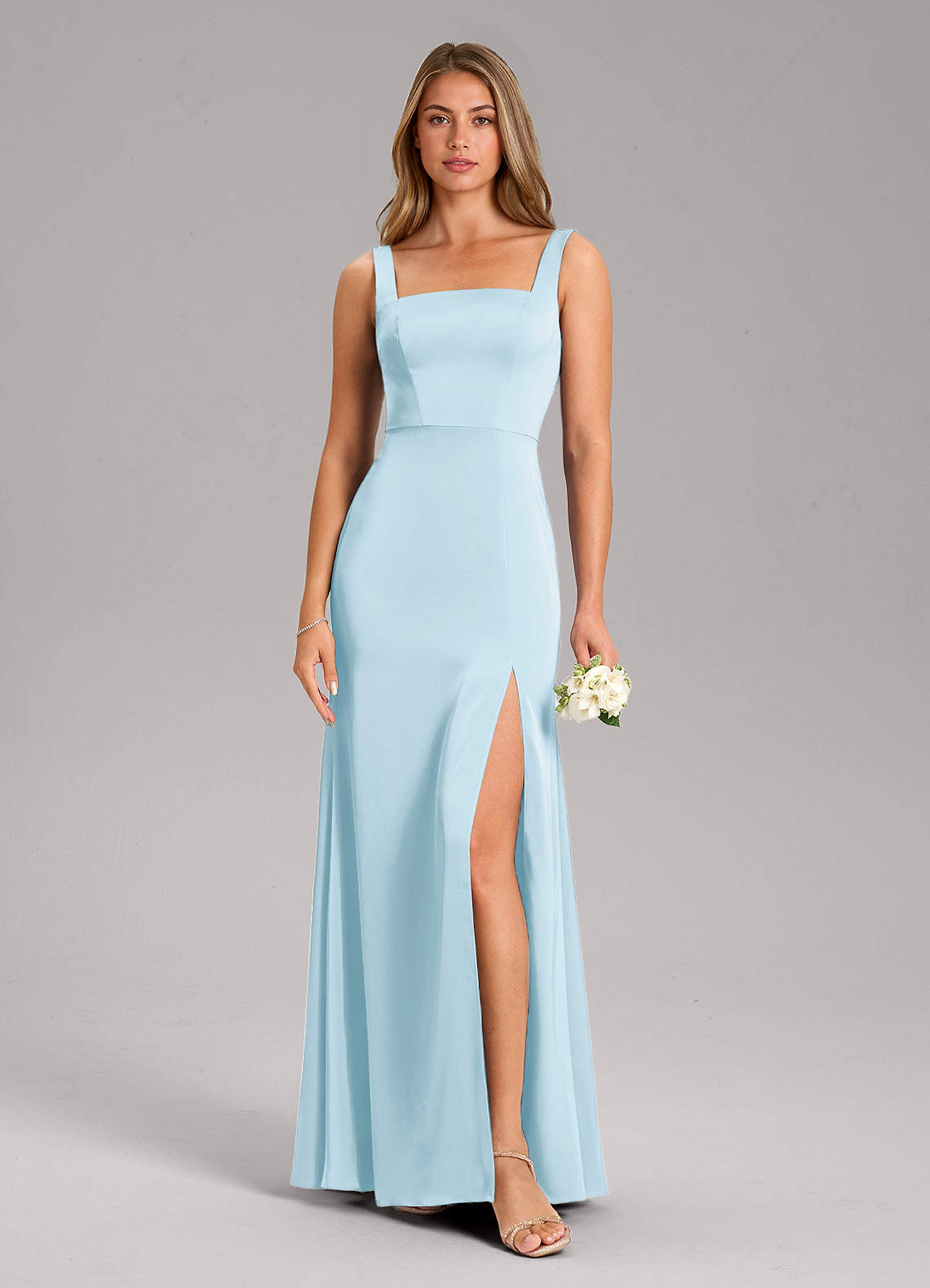 Azazie Frostine Bridesmaid Dresses Sky Blue A-Line Bow Stretch Satin Dress image2