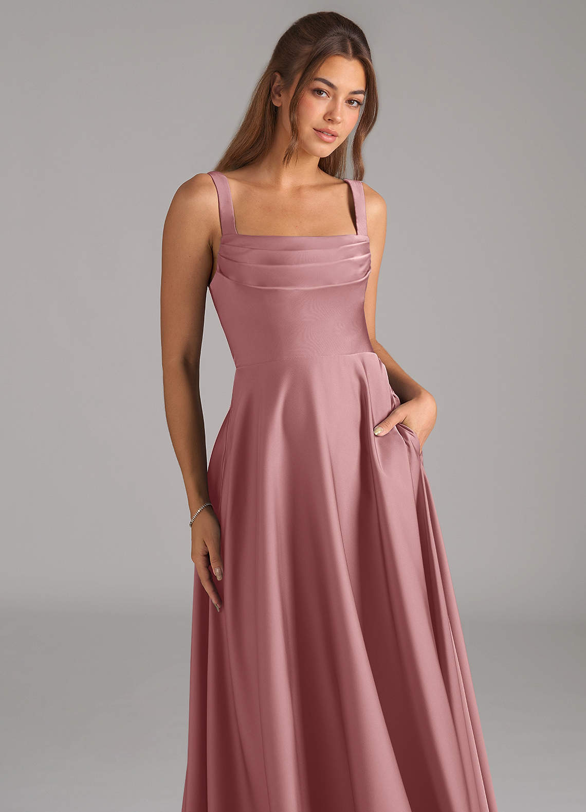 Azazie Shaude Bridesmaid Dresses Dusty Rose A-Line Pleated Stretch Satin Dress image1