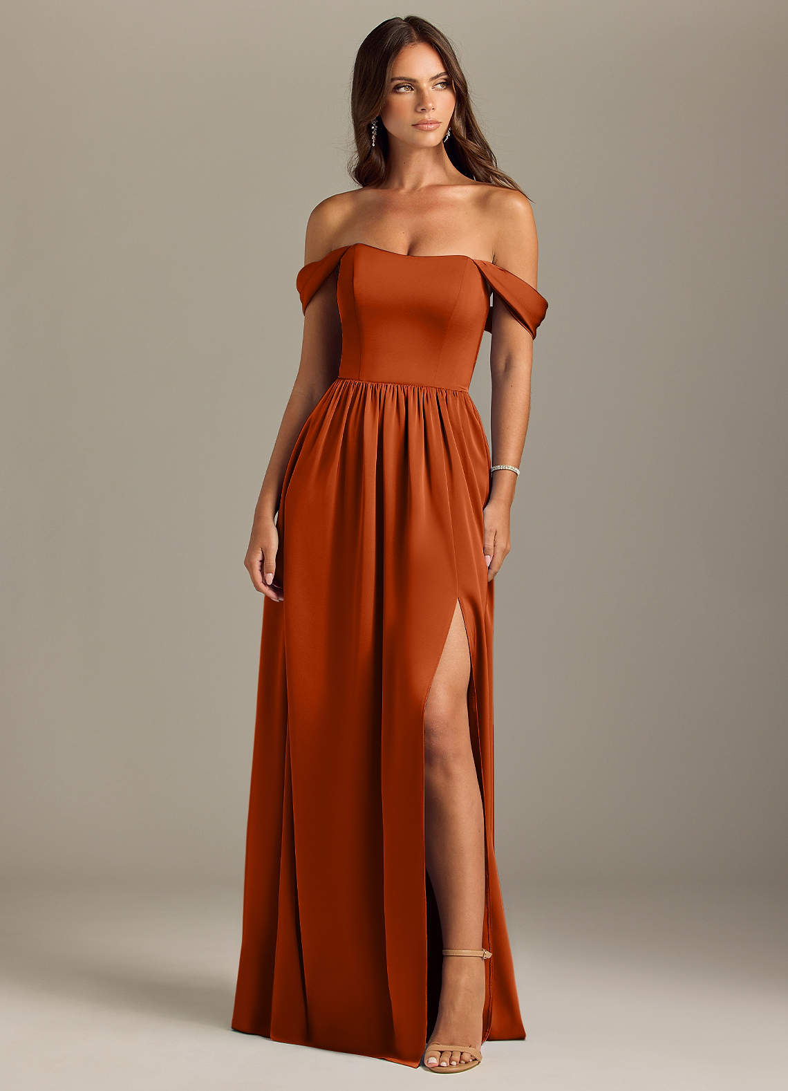 Azazie Calianna Bridesmaid Dresses Burnt Orange A-Line Off the Shoulder Stretch Satin Convertible Dress image1