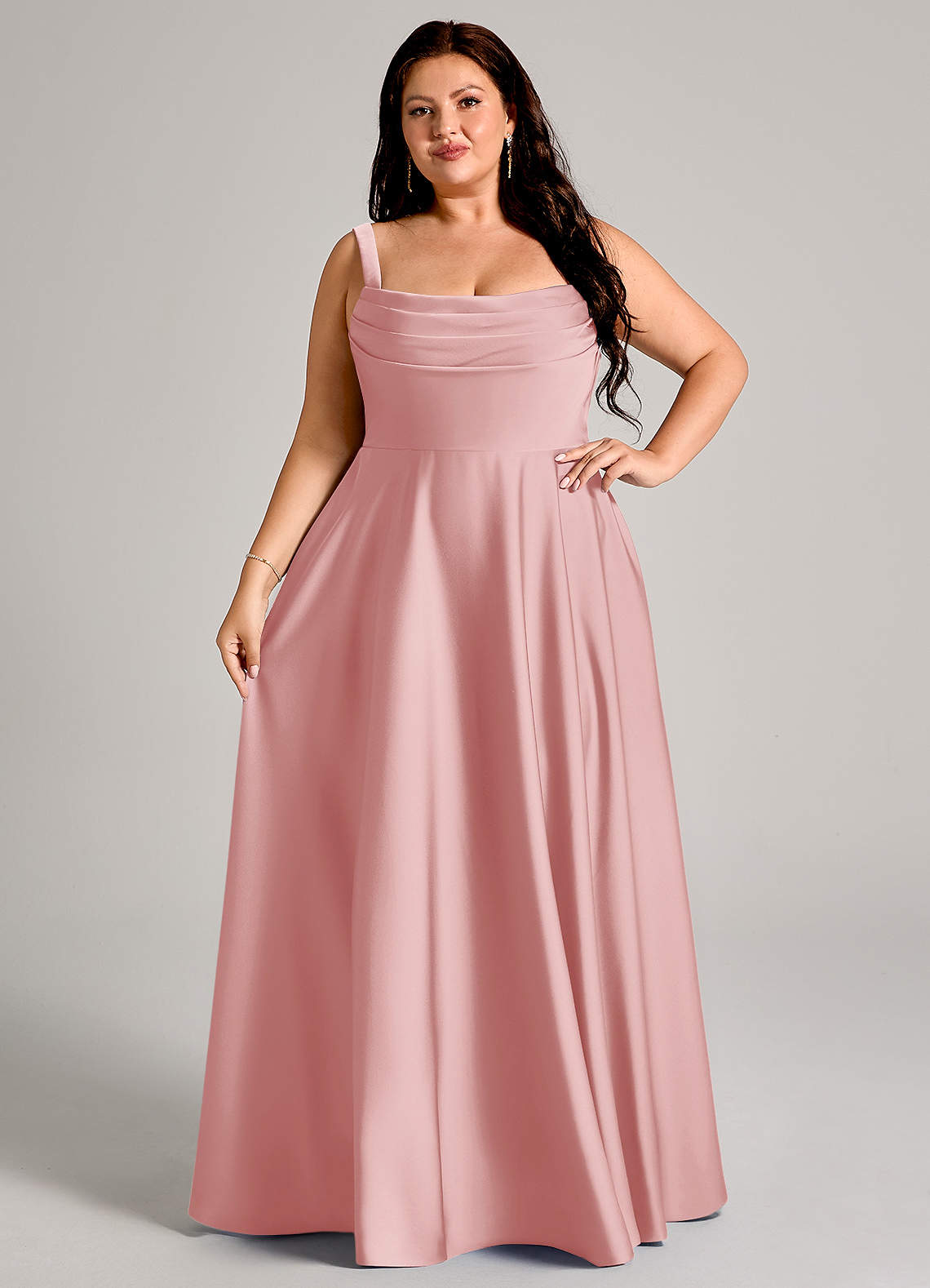 Azazie Shaude Bridesmaid Dresses Powder Pink A-Line Pleated Stretch Satin Dress image11