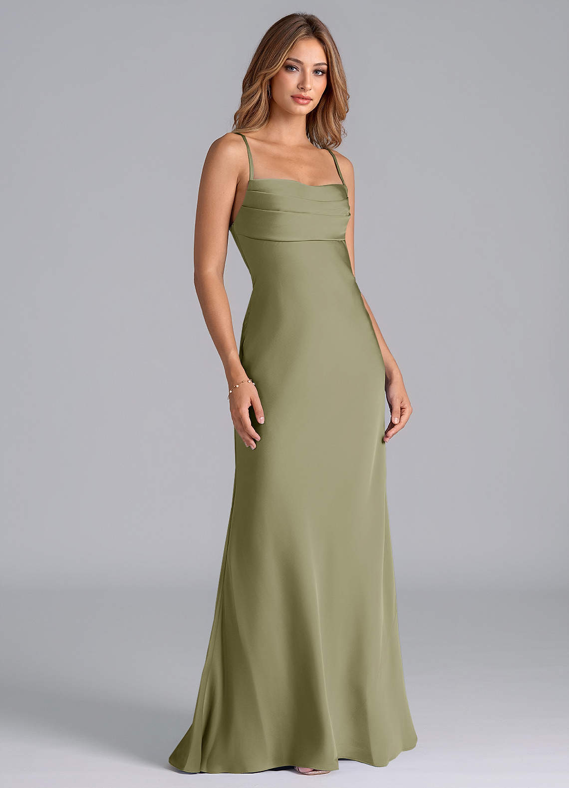 Azazie Seema Jurken voor bruidsmeisjes Jurk van Stretch Satijn met Zeemeermin Korset Pistache image1