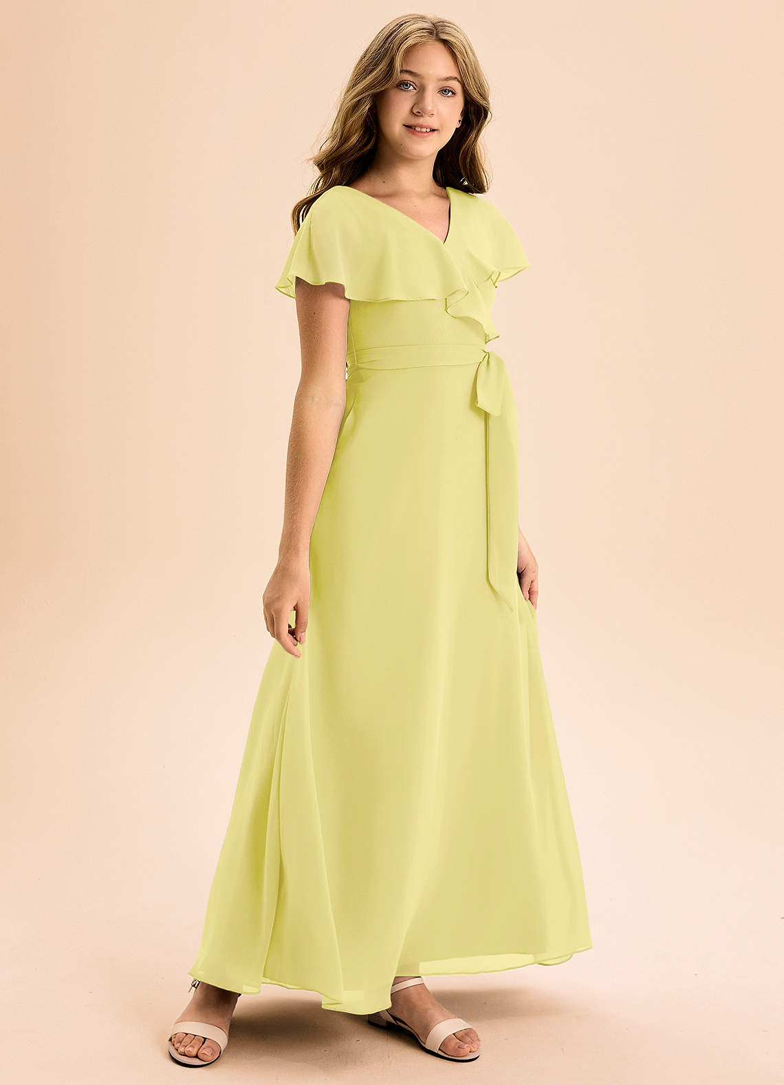 Azazie Lainey Junior Abito A-Line in Chiffon Con Tasche Sorbetto Al Limone image1