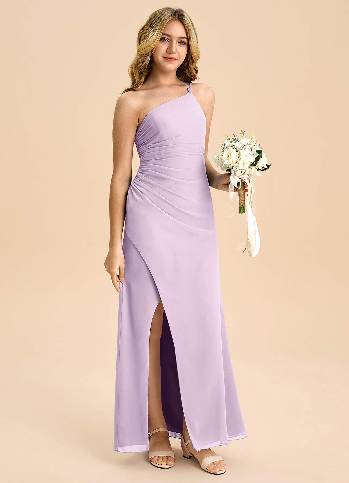 Azazie Eren Junior Vestido Lilás Fosco de Chiffon de Linha A com Plissado image2