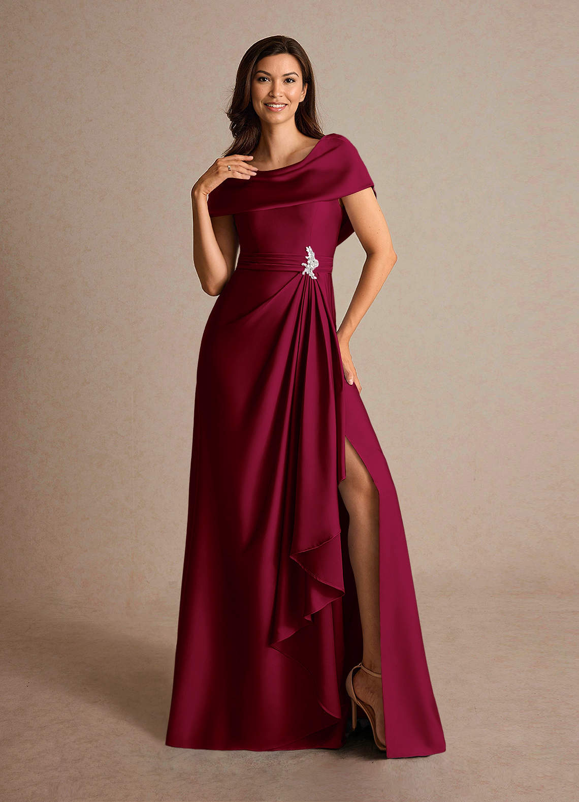 Azazie Branford Mother of the Bride Dresses Burgundy A-Line Pleated Stretch Satin Dress image5