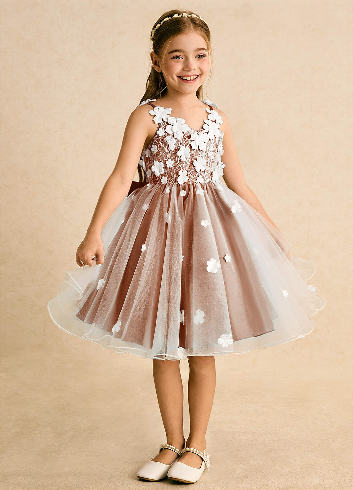 Azazie Junebug Robe Demoiselle D'honneur Fillette Robe Princesse en Tulle Dentelle Ivoire Orange Brûlée image4