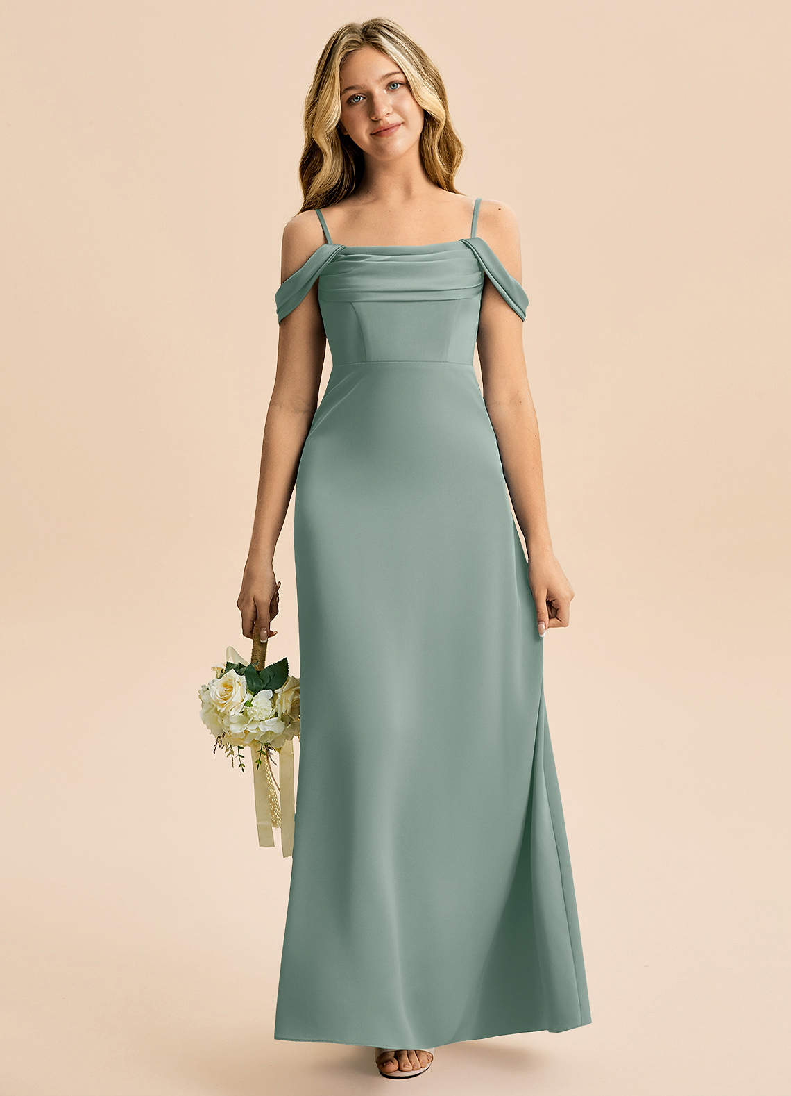 Azazie Lettie Junior Jurk van Stretch Satijn met A-Lijn Off the Shoulder Zilveren Salie image1