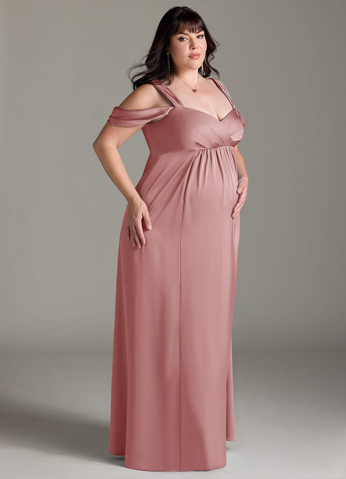 Azazie Rhea Maternity Bridesmaid Dresses A-Line Off-The-Shouler Pleated Stretch Satin Floor-Length Dress image9