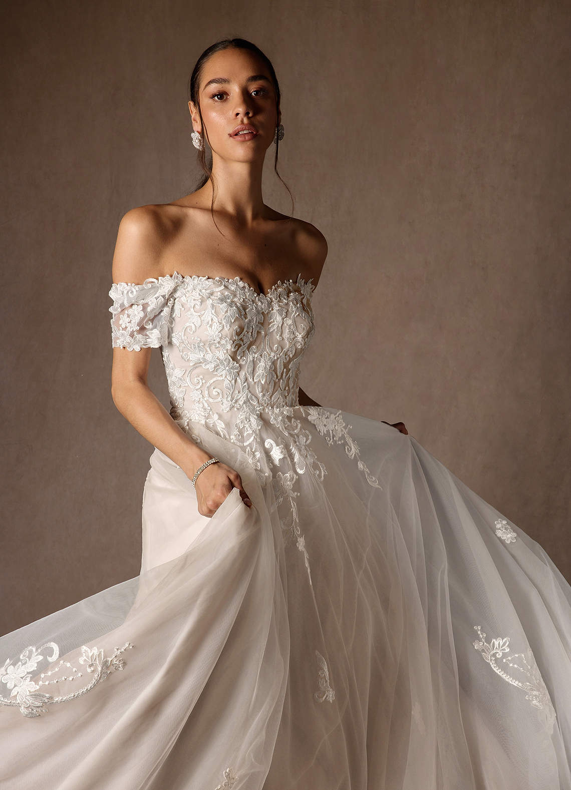 Azazie Rowe Wedding Dresses Diamond White Nude Ball-Gown Off the Shoulder Tulle Dress image14