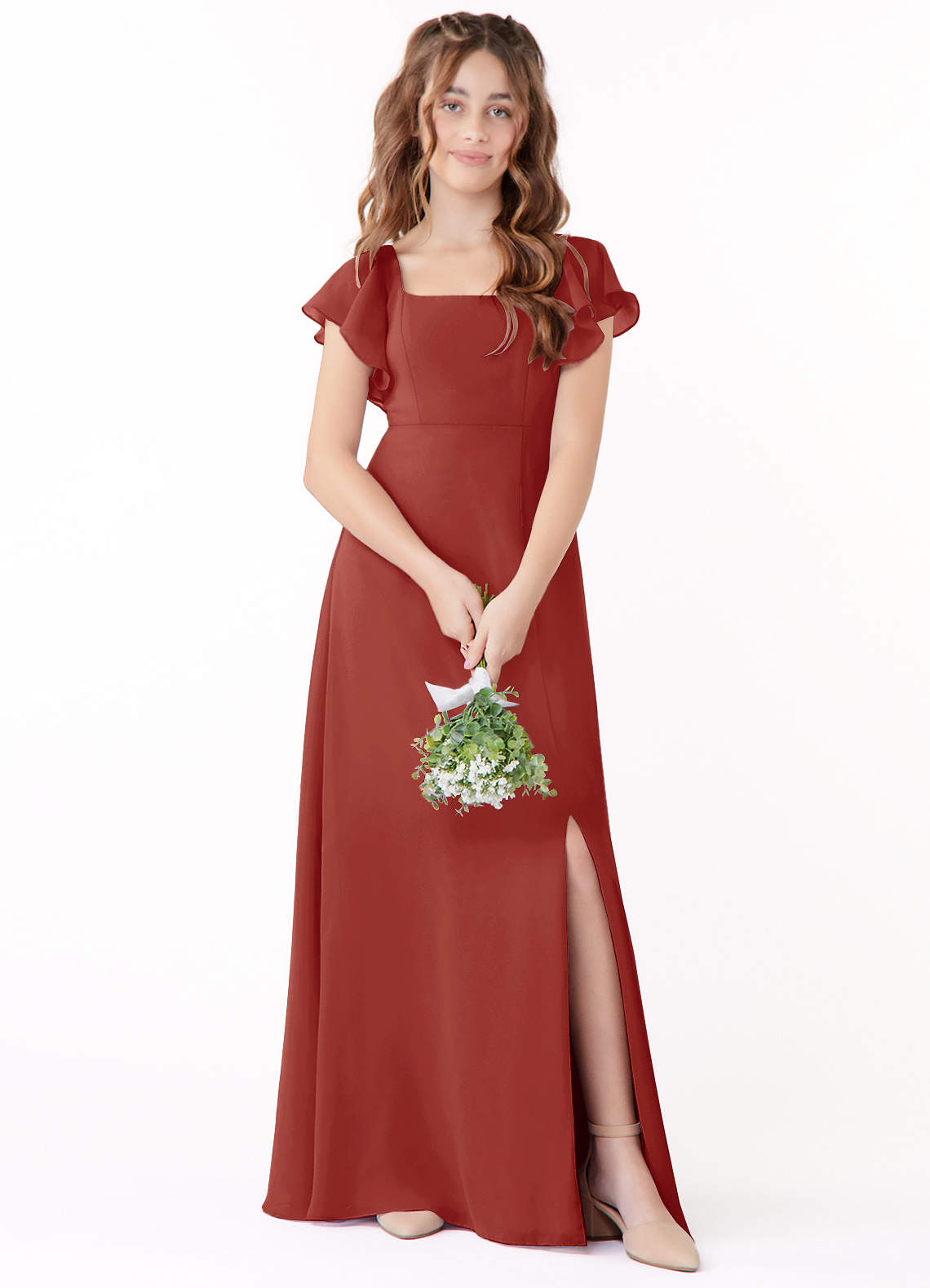 Azazie Bondi Junior Terracotta A-Line Bow Chiffon Dress image1