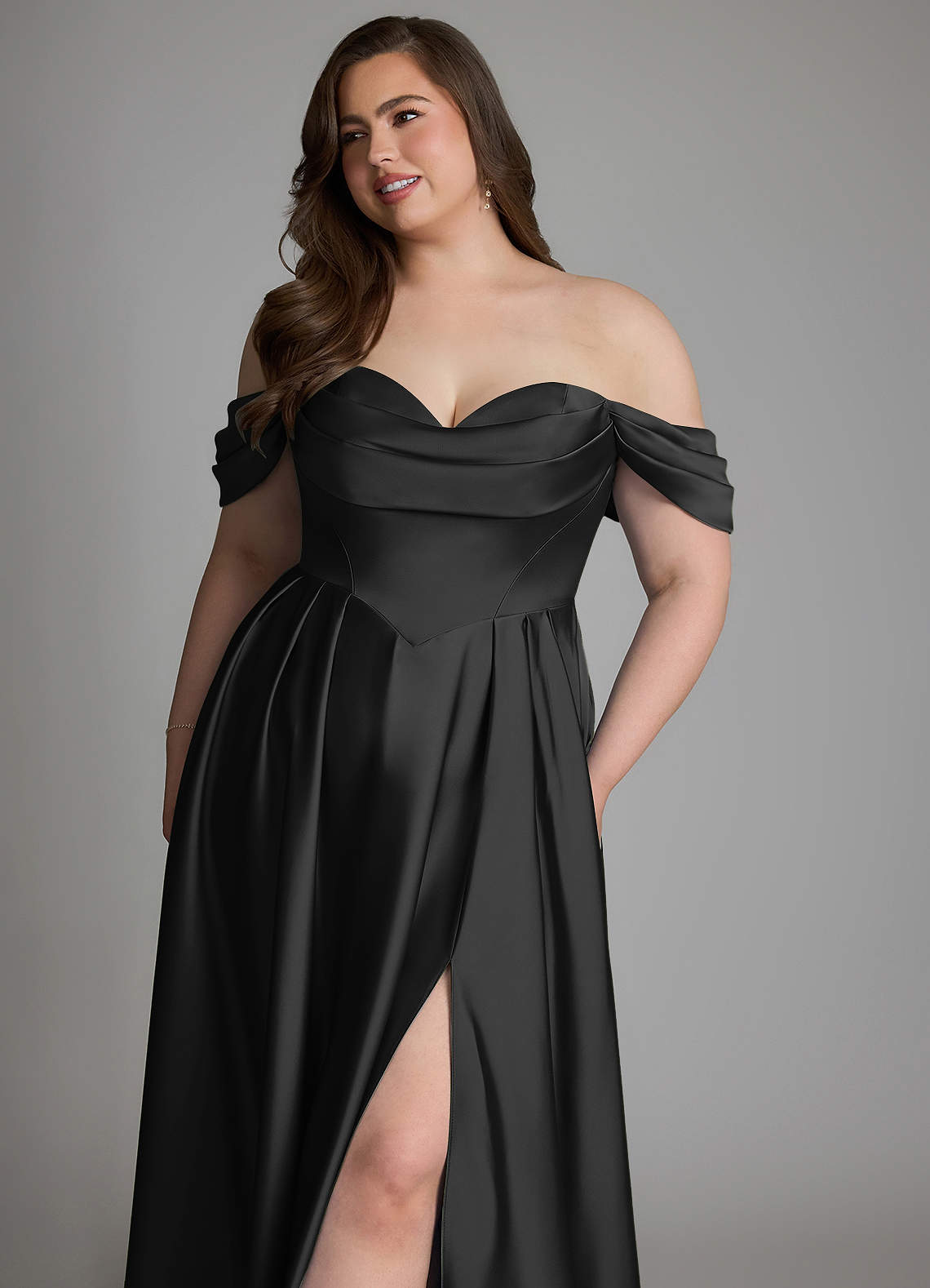 Azazie Loisa Bridesmaid Dresses Black A-Line Off the Shoulder Stretch Satin Dress image14