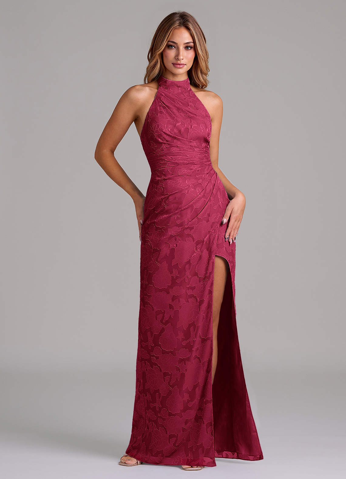Azazie Jemma Bridesmaid Dresses Burgundy A-Line Pleated Floral Burnout Dress image1