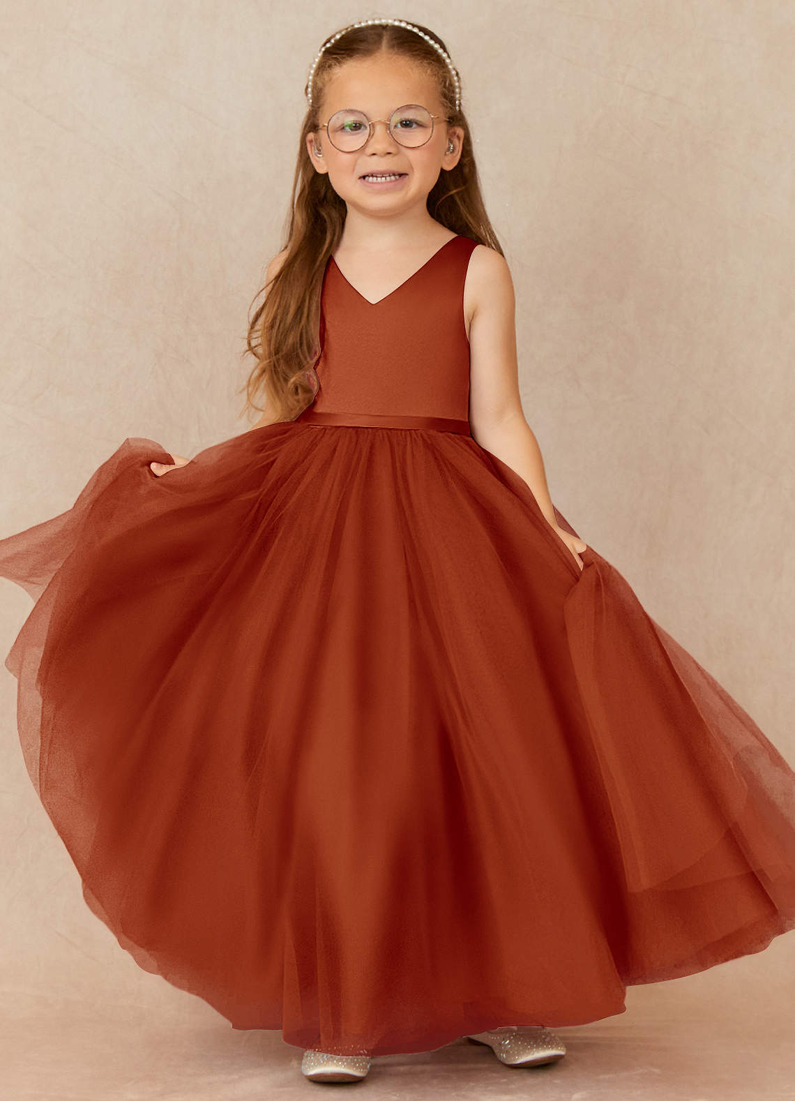 Azazie Marybell vestidos de niña de las flores Vestido de Pimenton de Tul de Corte En A con Lazo image1