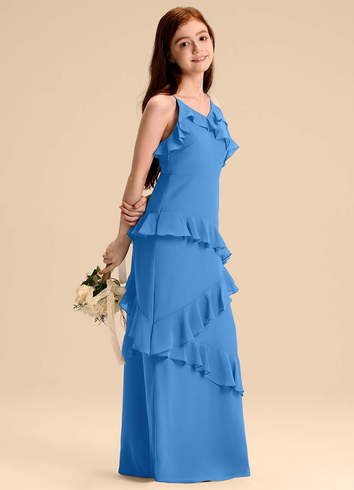 Azazie Evara Junior Robe Trapèze en Mousseline de soie Geai Bleu image1