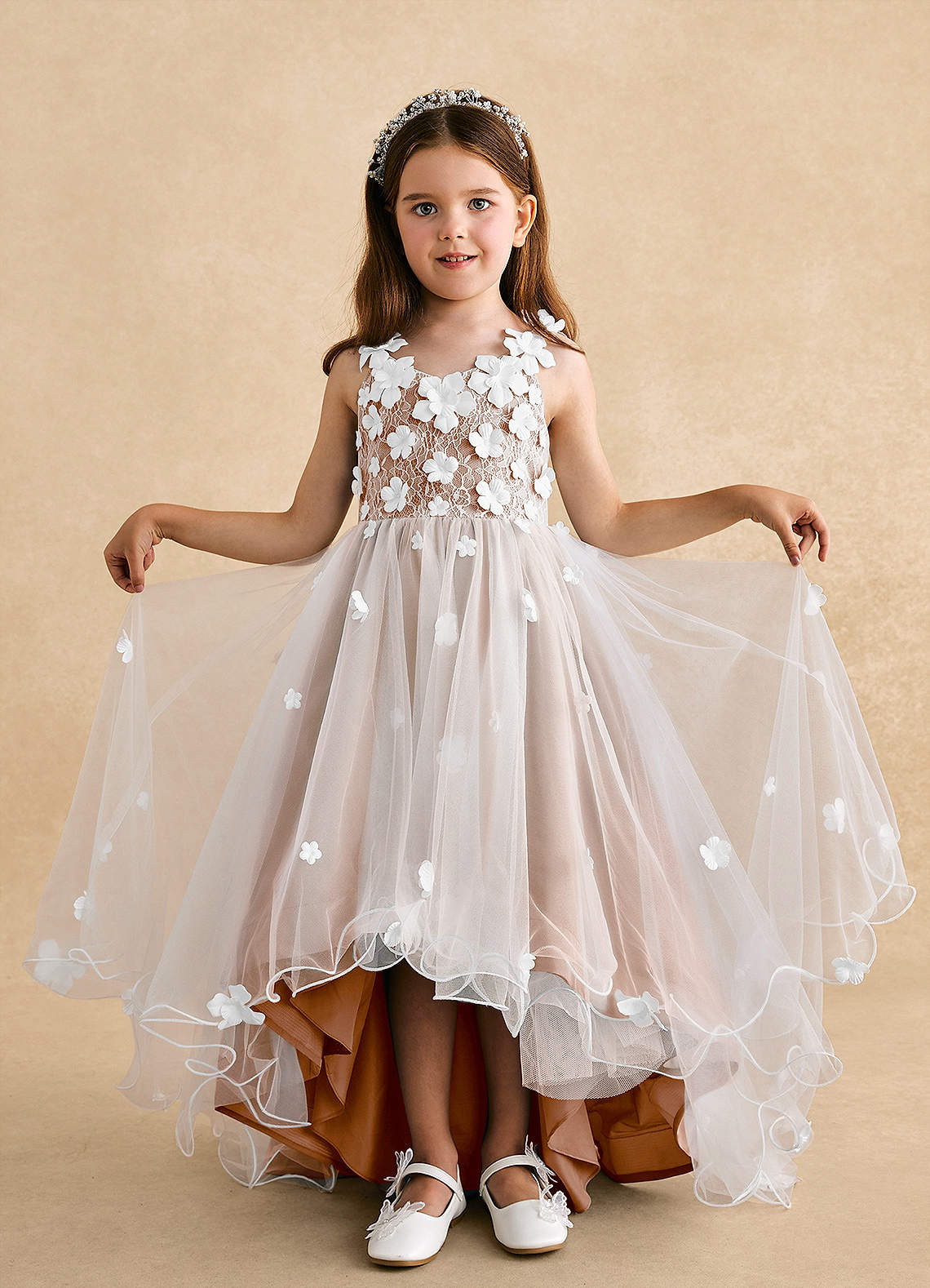 Azazie Celia Flower Girl Dresses Champagne Rose A-Line Lace Tulle Dress image3