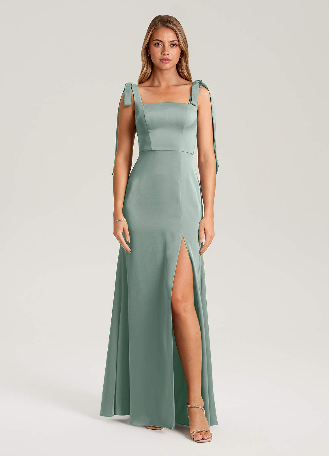 Azazie Frostine Silver Sage Stretch Satin Bridesmaid Dresses | Azazie