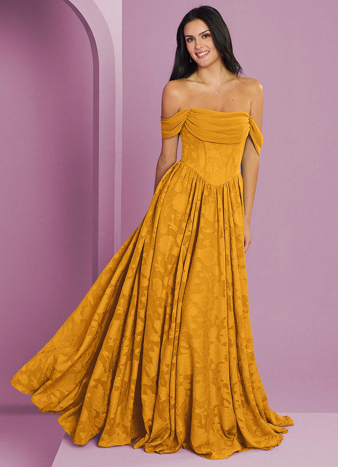 Barbie ♥ Azazie Bridesmaid Dresses Butterscotch A-Line Off the Shoulder Floral Burnout Convertible Dress image1