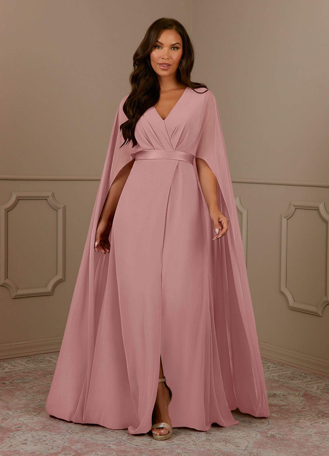Azazie Isa Dusty Rose A-Line V-Neck Pleated Chiffon Dress | Azazie