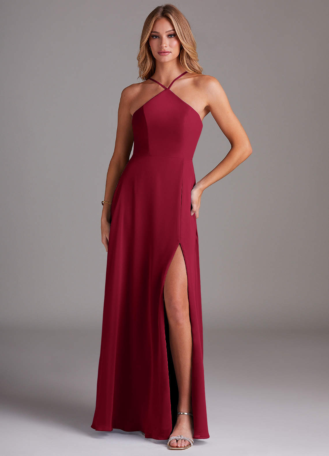 Azazie Bailey Bridesmaid Dresses Burgundy A-Line Halter Side Slit Chiffon Dress image1