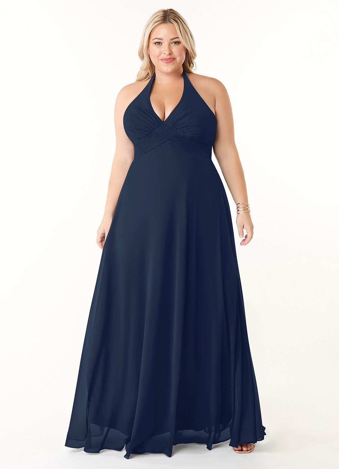 Azazie Tessie Vestidos de damas de honor Vestido de Azul Marino Oscuro de Gasa de Corte en A con Cuello en V plisado image5