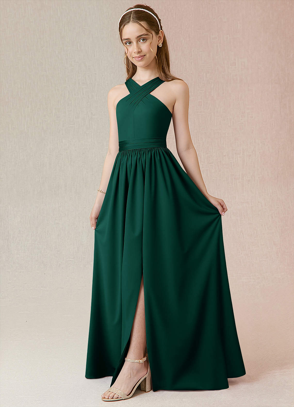 Azazie Jiya Junior Emerald A-Line Pleated Stretch Satin Dress image1