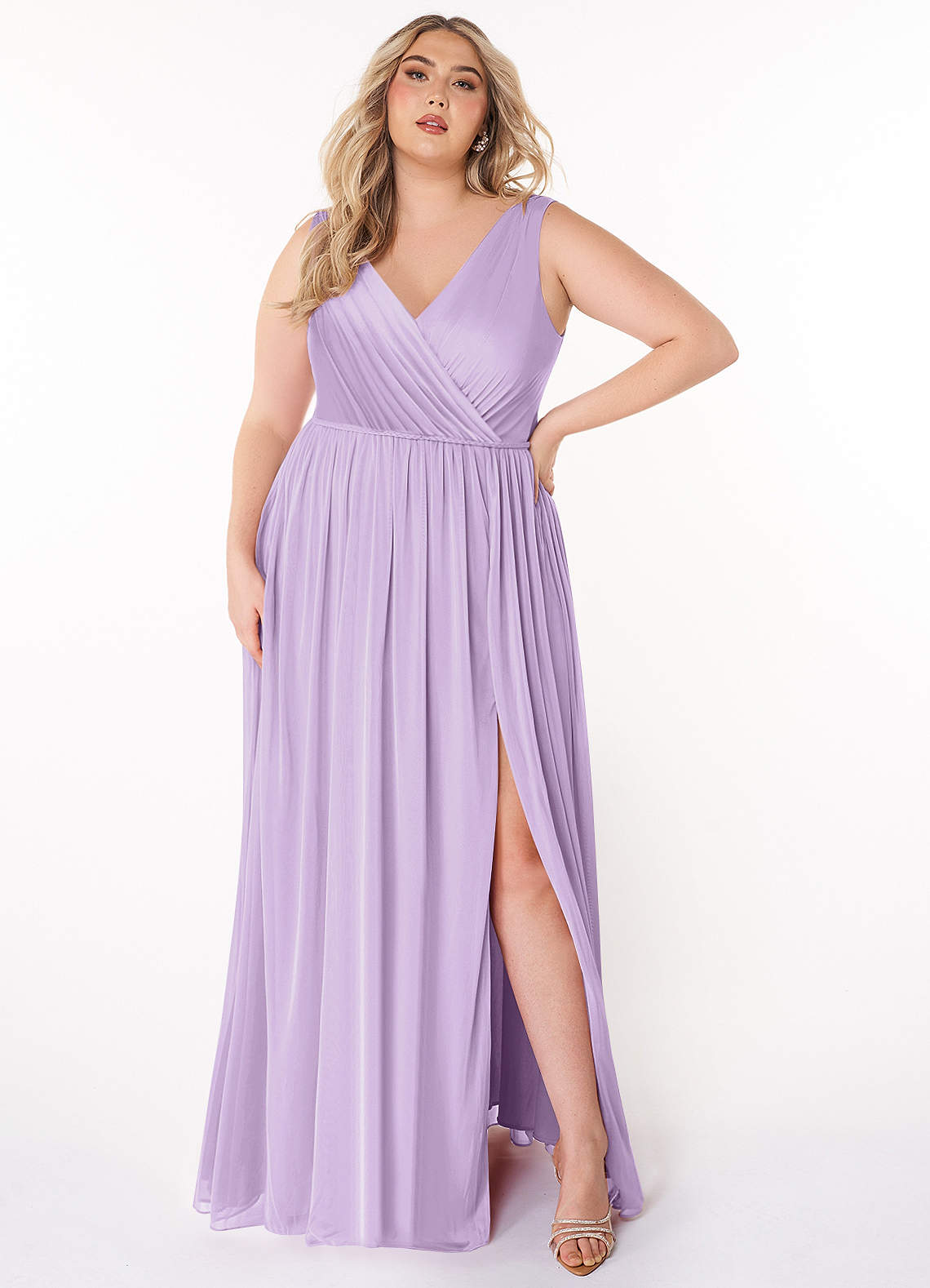 Azazie Tanicia Bridesmaid Dresses Lilac A-Line V-Neck Pleated Mesh Dress image1