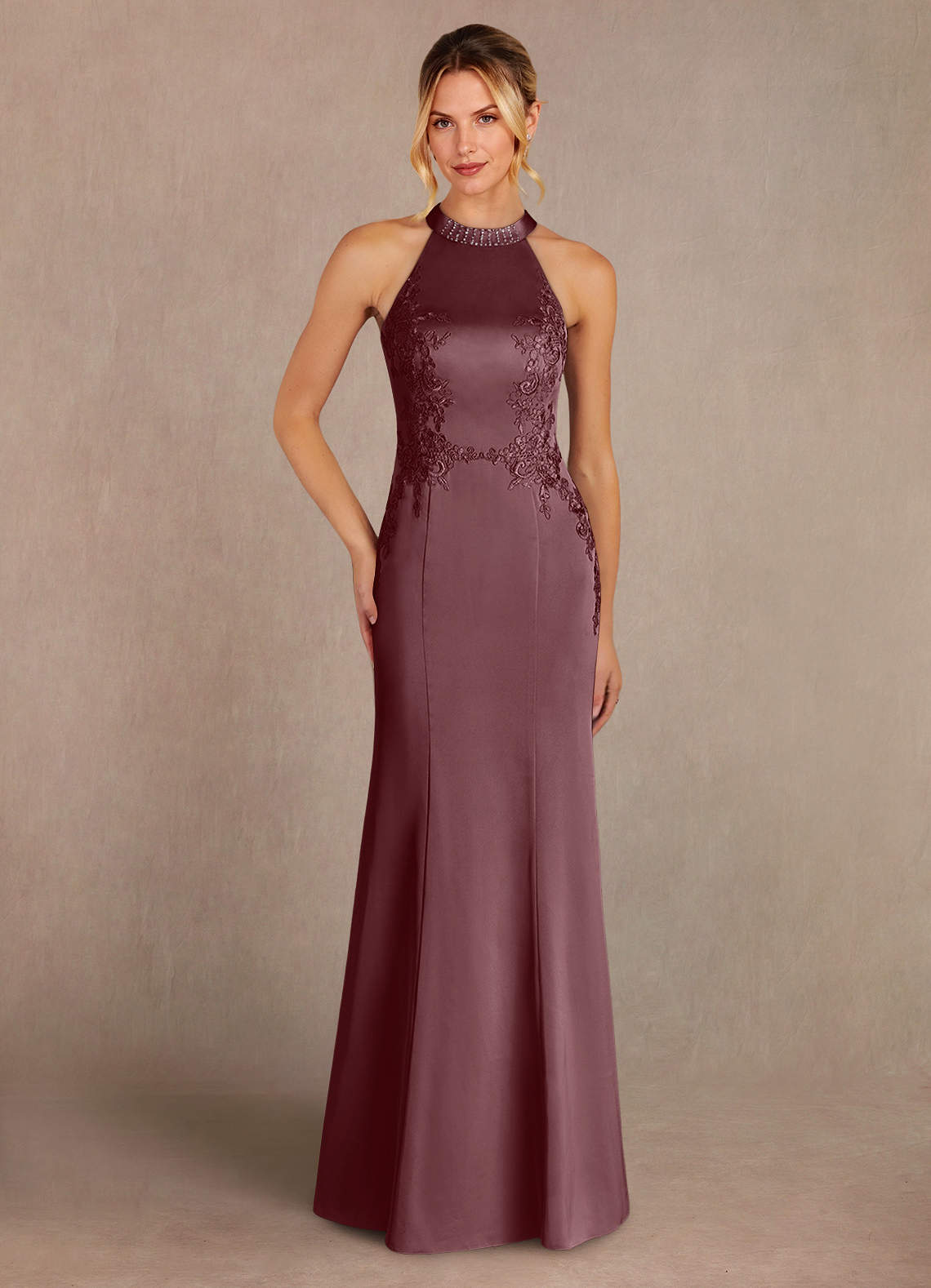 Azazie Tyra Mother of the Bride Dresses Sangria Mermaid Lace Stretch Satin Dress image1