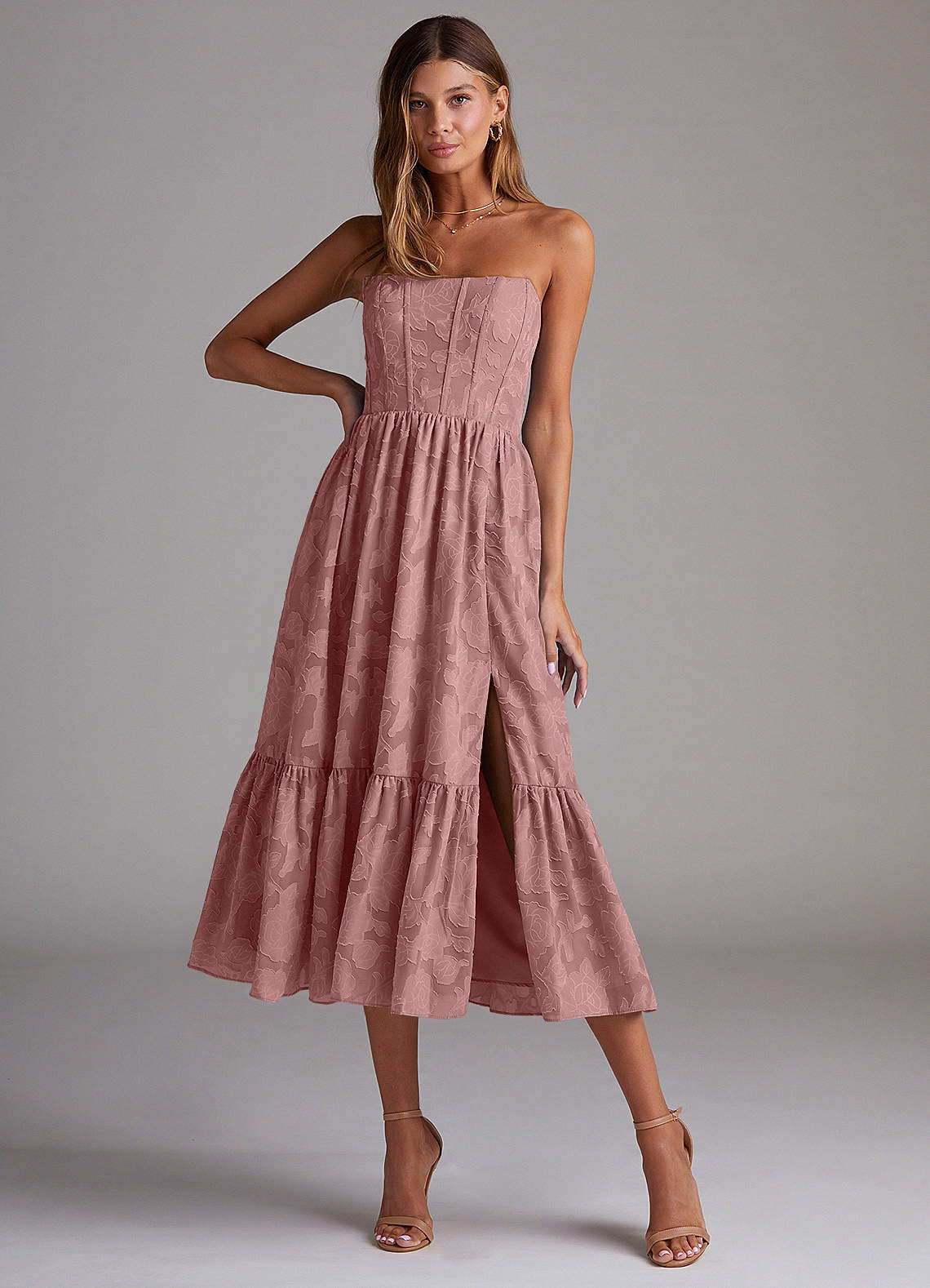 Azazie Delphina Bridesmaid Dresses Dusty Rose A-Line Strapless Floral Burnout Convertible Dress image1