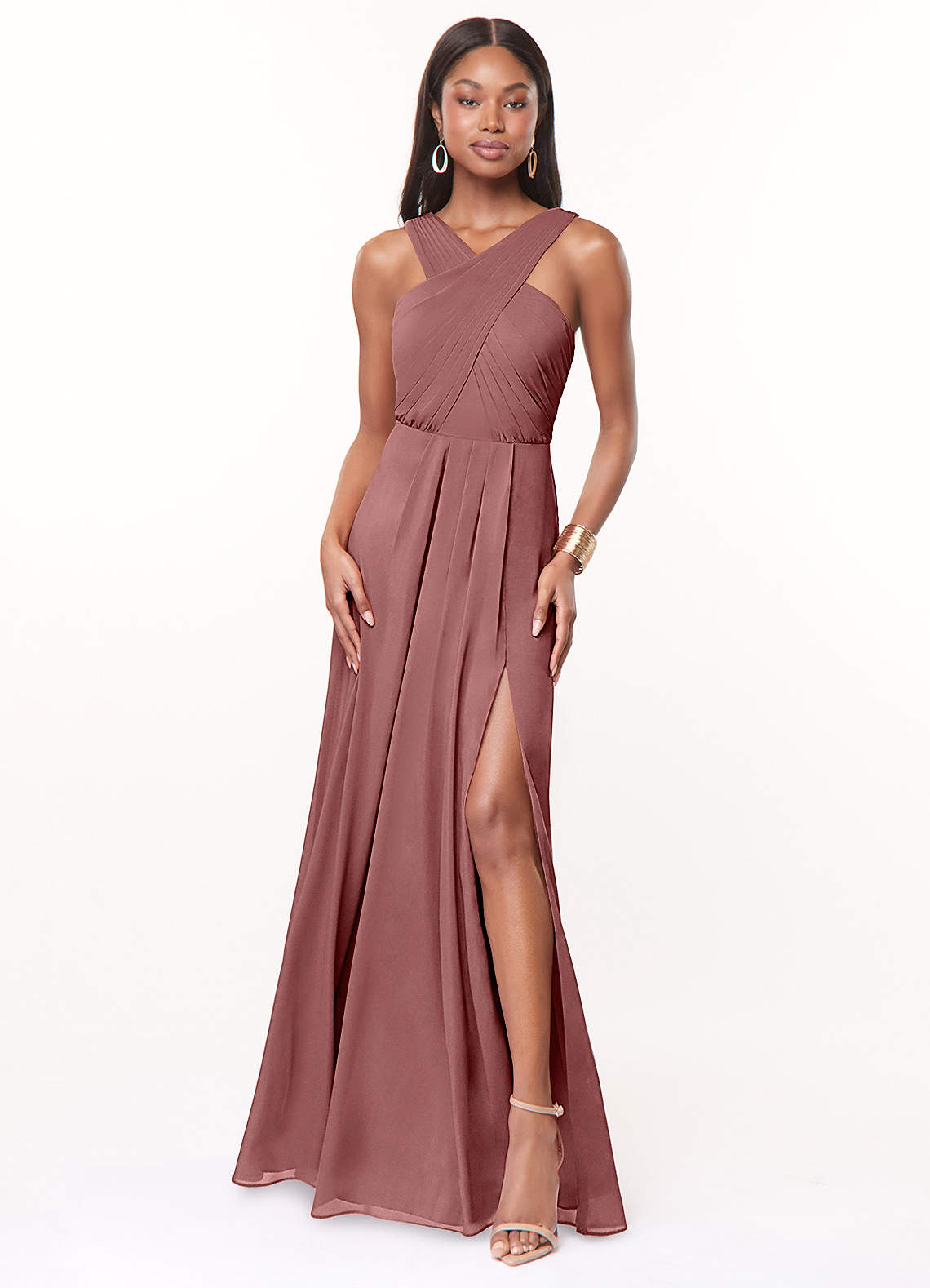 Azazie Brandie Ready to Ship Desert Rose Stretch Chiffon Bridesmaid Dresses