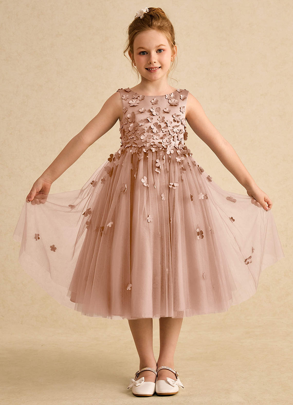 Azazie Lana vestidos de niña de las flores Vestido de Champán Rosado de Satin Mate de Corte En A con Sin mangas image1