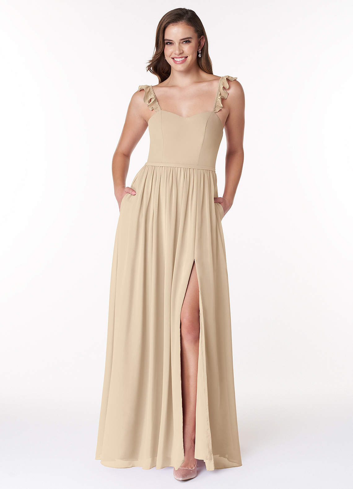 Azazie Metz Robes de demoiselle d'honneur Robe Trapèze en Mousseline de soie Froncé en cœur Champagne image1
