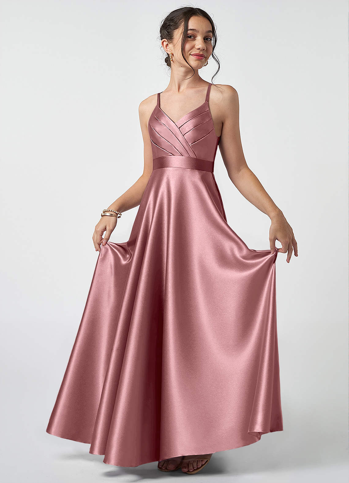 Azazie Avelina Junior Vintage Mauve A-Line Pleated Metallic Satin Dress image1
