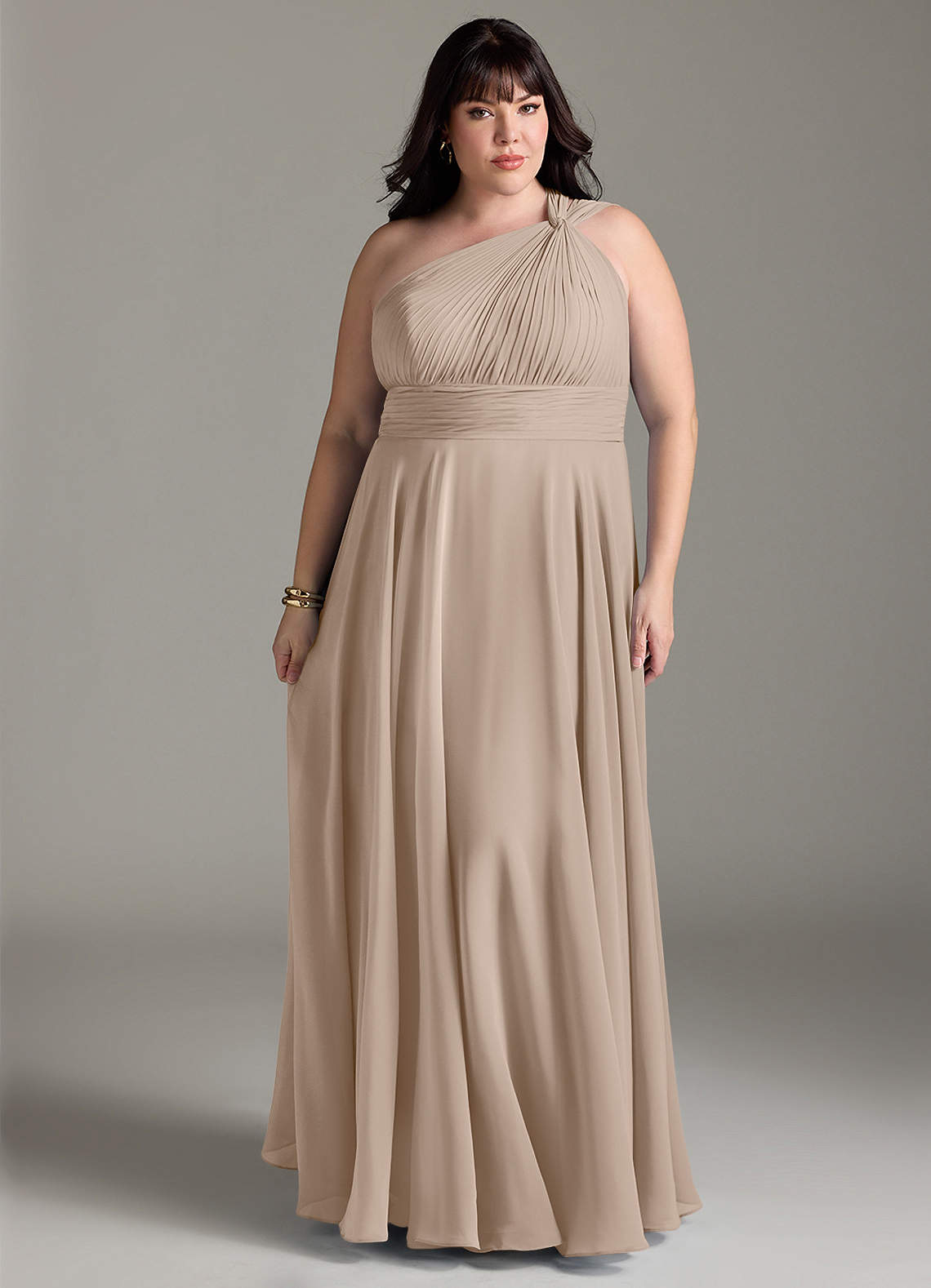 Azazie Charlize Bridesmaid Dresses Taupe A-Line One Shoulder Chiffon Dress image1