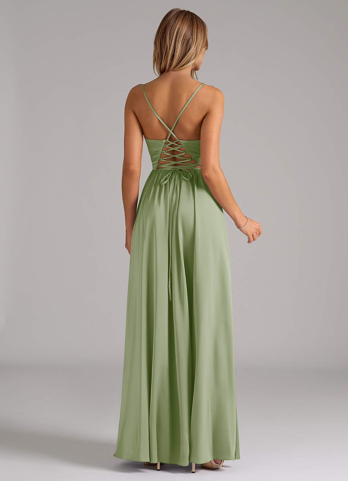 Azazie Aaida Robes de demoiselle d'honneur Robe Trapèze en Satin extensible Corset Vert Sauge image5