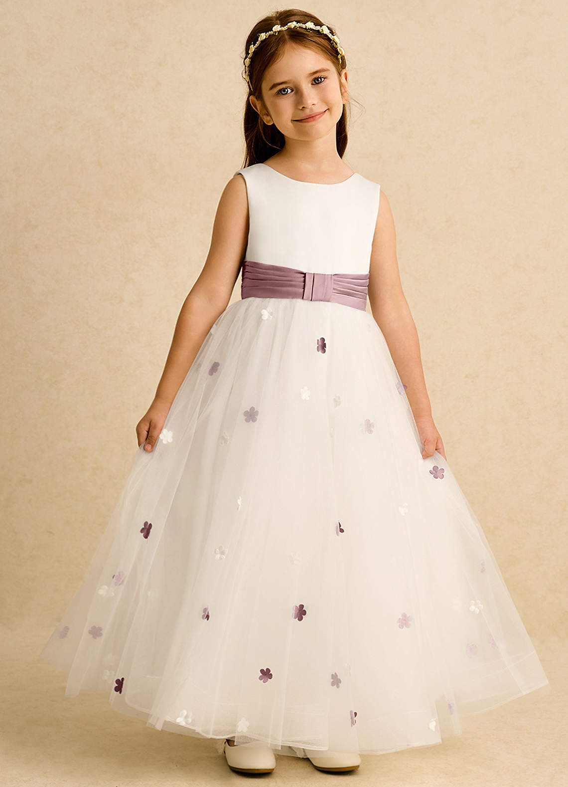 Azazie Cricket Flower Girl Dresses Ivory Dusty Rose Ball-Gown Pleated Matte Satin Dress image1