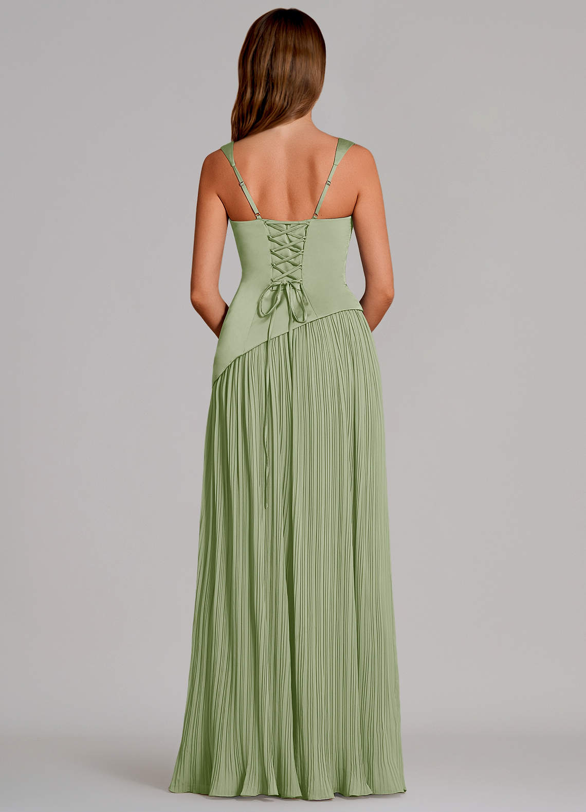 Azazie Stephanie Vestidos de damas de honor Vestido de Salvia Polvorienta de Satén Elástico de Corte en A con Plisado image4