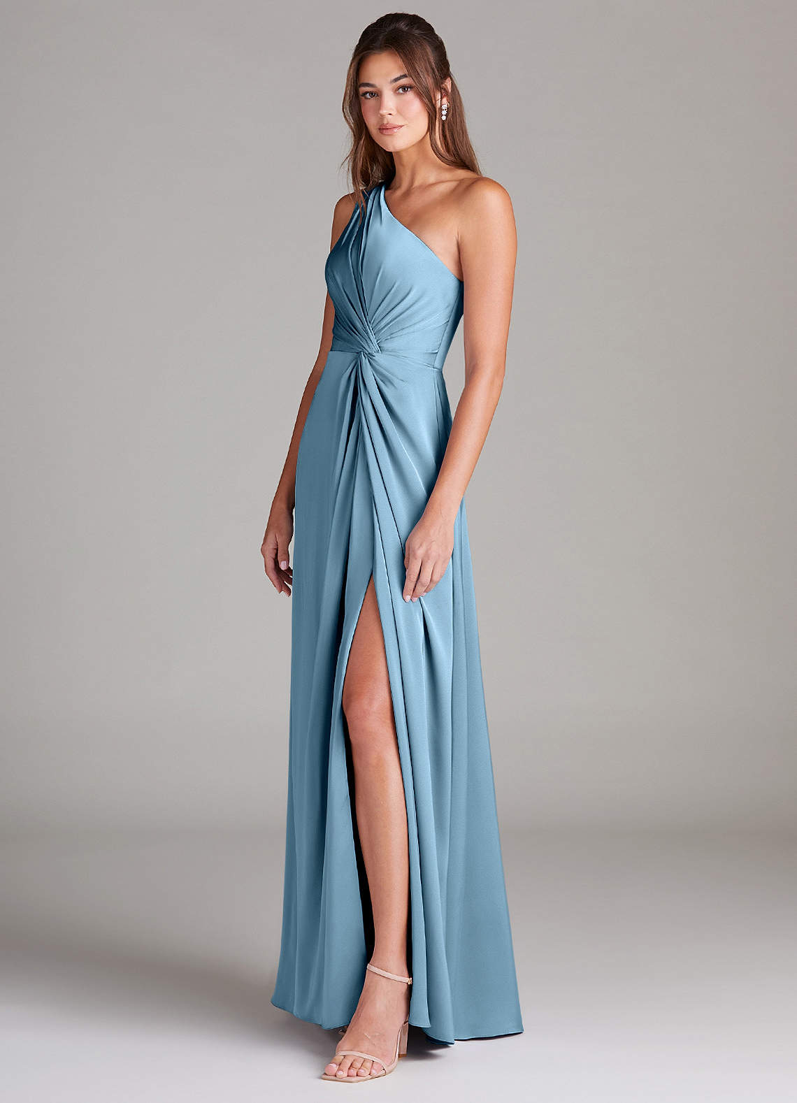 Azazie Brooke Bridesmaid Dresses Steel Blue A-Line One Shoulder Stretch Satin Dress image4